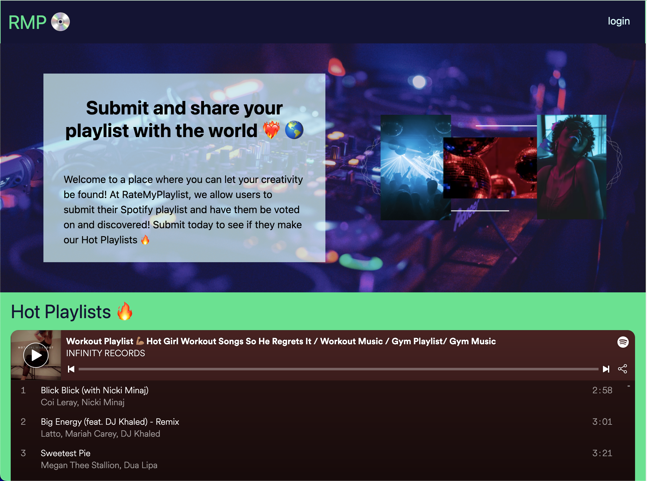 shot of RateMyPlaylist homepage with embedded playlists